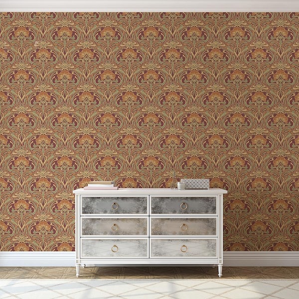 Donovan Burnt Sienna Nouveau Floral Peelable Roll (Covers 56.4 sq. ft.)