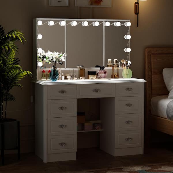 FUFU&GAGA White Modern Makeup Vanity Desk 9 Drawers Wood Dressing Table  With 3 Mirrors, Hidden Storage Shelves, LED Lighted KF210213-01 - The Home  Depot