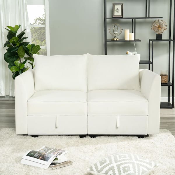 61.22 in. Modern Straight Arm 1-Piece Linen Loveseat Sectional Sofa in. White Down with Easy Assembly