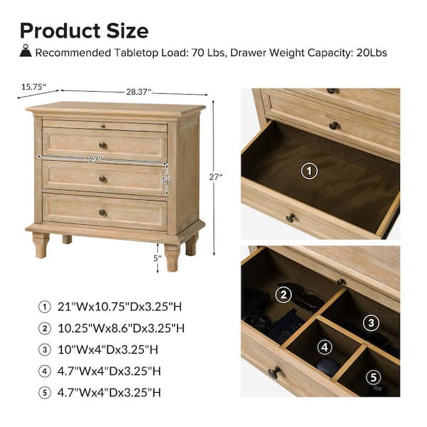 JAYDEN CREATION Julia Natural 27 in. H Traditional 3-Drawer Solid
