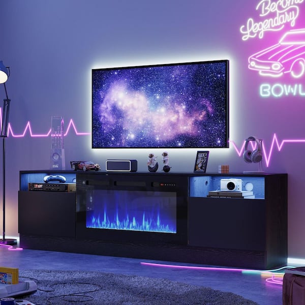 80 in. Freestanding Electric Fireplace TV Stand Fits TV's Up to 70 in. with Open Storage Shelves in Black