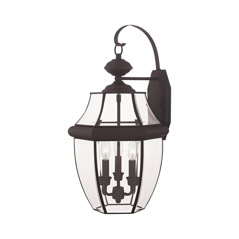 Bronze 3-Light Outdoor Wall Lantern with Clear Beveled Glass