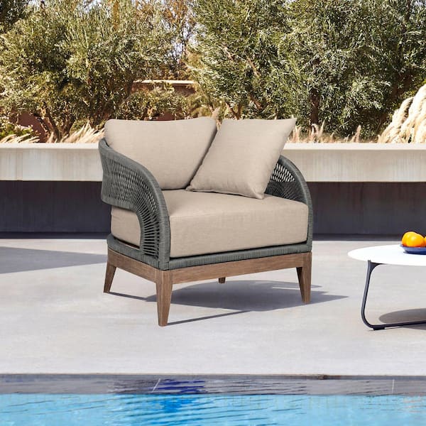 Armen Living Orbit Light Brown Eucalyptus Wood Outdoor Lounge Chair with Taupe Cushion