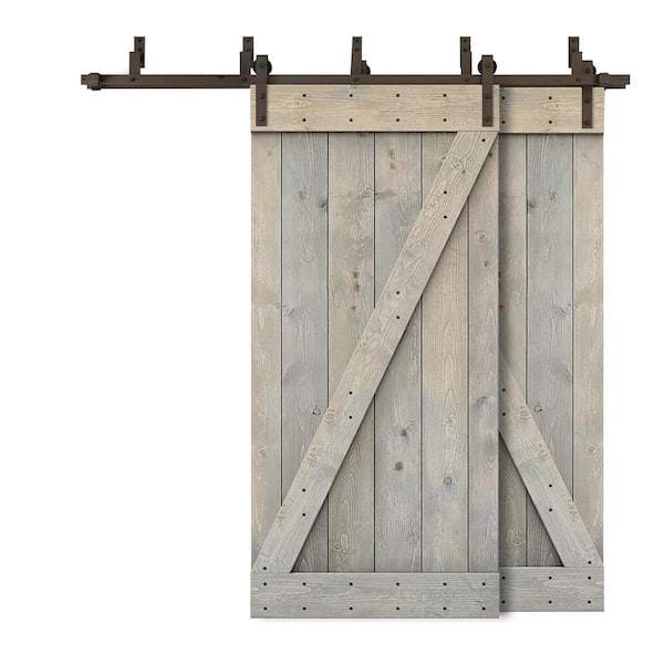 CALHOME 40 in. x 84 in. Z-Bar Bypass Smoke Gray Stained DIY Solid Wood Interior Double Sliding Barn Door with Hardware Kit