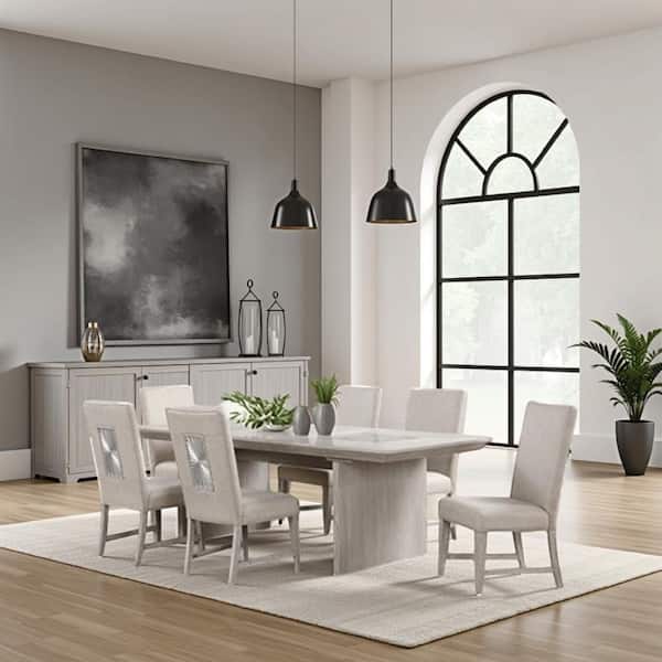 Benjara Diaz Light Gray Wood 90 Open Dining Table Seats