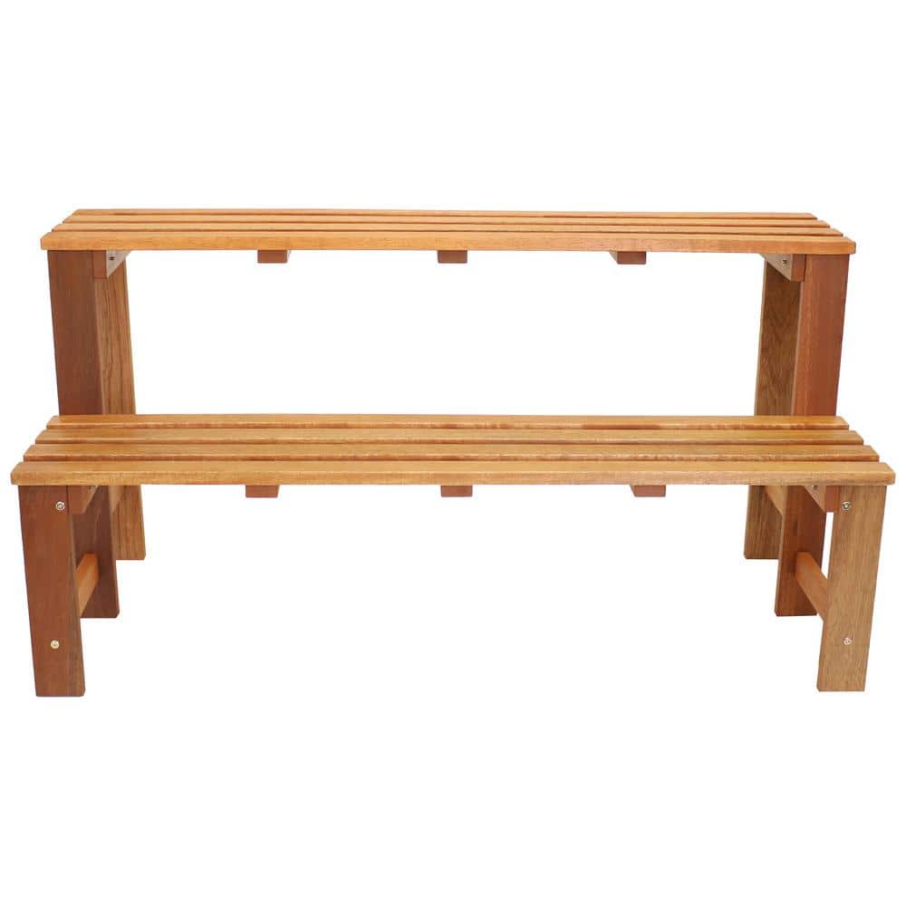 Brown Meranti Wood 2-Tier Outdoor Plant Stand with Teak Oil Finish