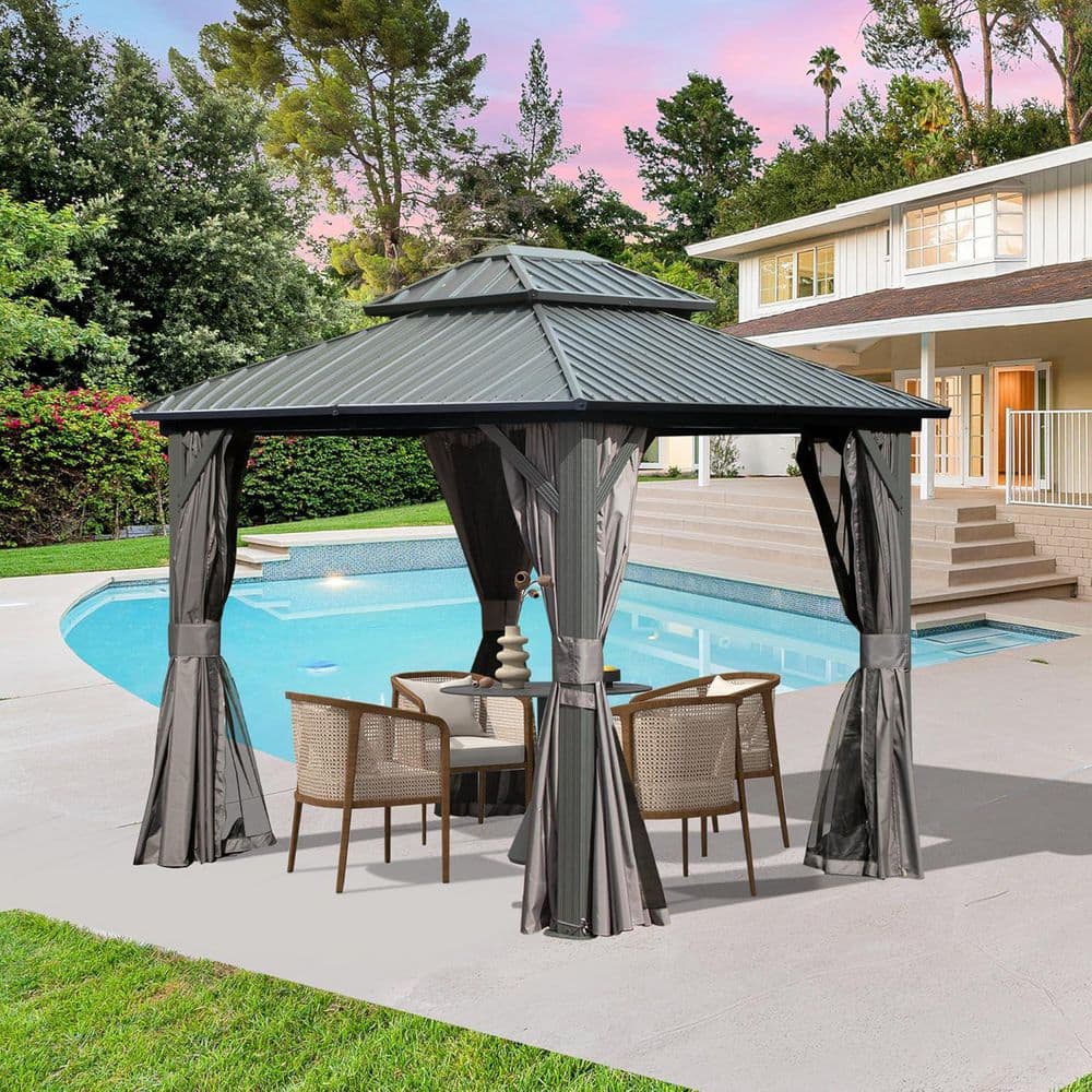 Grey 8 ft. x 10 ft. Metal Hardtop Gazebo with Galvanized Steel