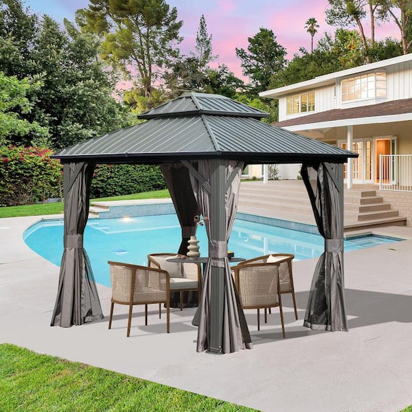 Grey 8 ft. x 10 ft. Metal Hardtop Gazebo with Galvanized Steel Double Roof, Curtains and Netting for Party, Wedding