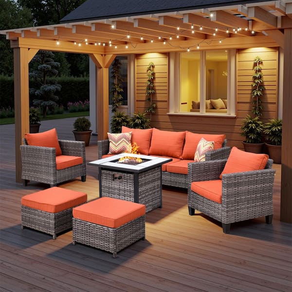 Camden 6-Piece 5-Seat Wicker Outdoor Patio Conversation Set w/ 50000 BTU Fire Pit Table, Ottoman and Orange Red Cushion