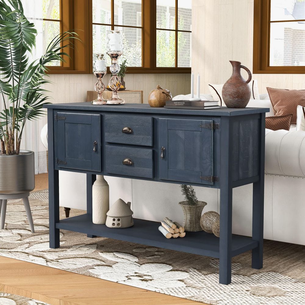 Polibi 46.5 in. Navy Blue Rectangle Wood Top Console Table with 2