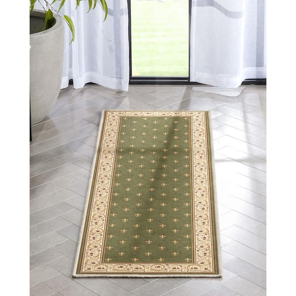 Green 2 ft. x 5 ft. Runner Flat-Weave Apollo Fleur De Lis Traditional Oriental Border Area Rug