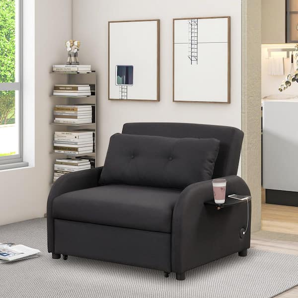 Nestfair 42.9 in. Black Linen 2-Seater Size Pull Out Sofa Bed with 2 Wing Table and USB Charge