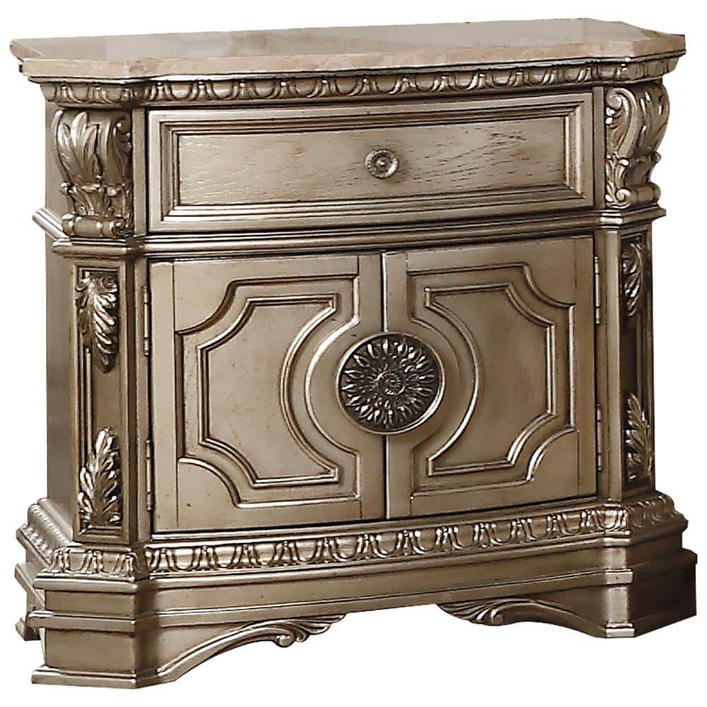Antique Silver Marble Top Nightstand with Carved Feet