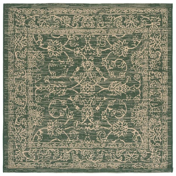 Courtyard 5 ft. x 5 ft. Square Dark Green/Beige Border Antique Floral Indoor/Outdoor Area Rug