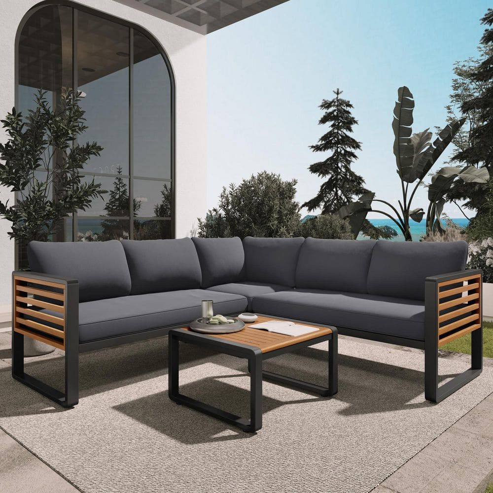 4-Pieces Metal and Wood Outdoor Patio Sectional Set with Gray Removable Cus