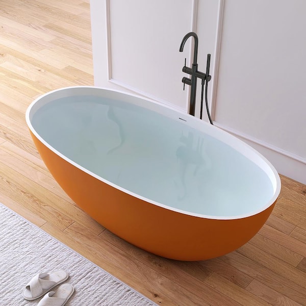 Eaton 61 in. x 30 in. Stone Resin Solid Surface Flatbottom Freestanding Soaking Bathtub in White Inside and Gold Outside