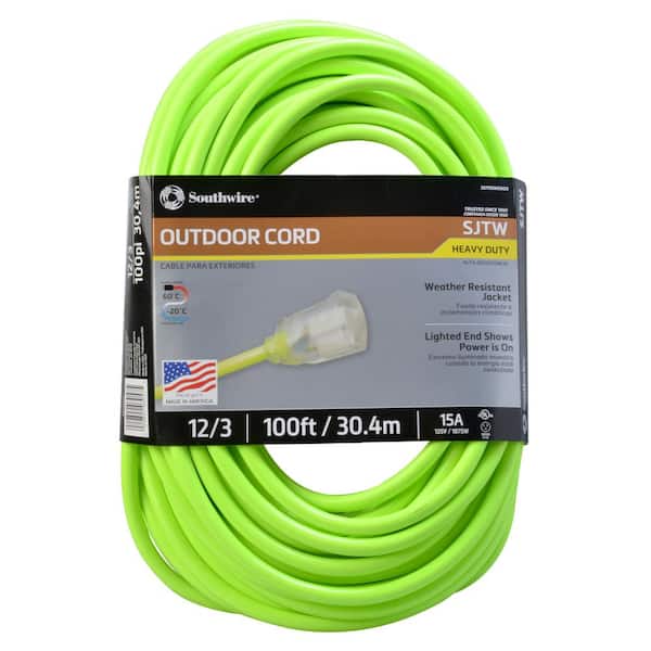 Southwire 100 ft. 12/3 SJTW Hi-Visibility Outdoor Heavy-Duty Extension Cord with Power Light Plug