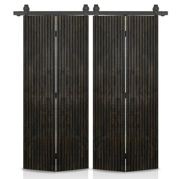 CALHOME Japanese Series 40 in. x 84 in. Hollow Core Charcoal Black Pine Wood Double Bi-Fold Barn Door with Sliding Hardware Kit
