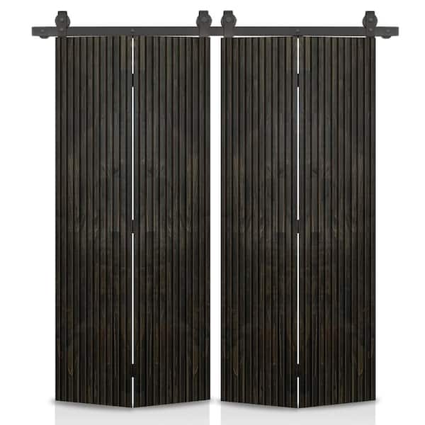 CALHOME Japanese Series 68 in. x 80 in. Hollow Core Charcoal Black Pine Wood Double Bi-Fold Barn Door with Sliding Hardware Kit