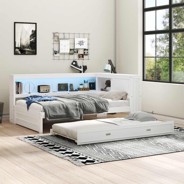 White Full Daybed with Storage Shelves, USB, LED, and Trundle