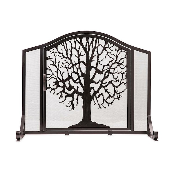 44 in. x 33 in. Tree of Life Black Metal 1-Panel Fireplace Screen with Door