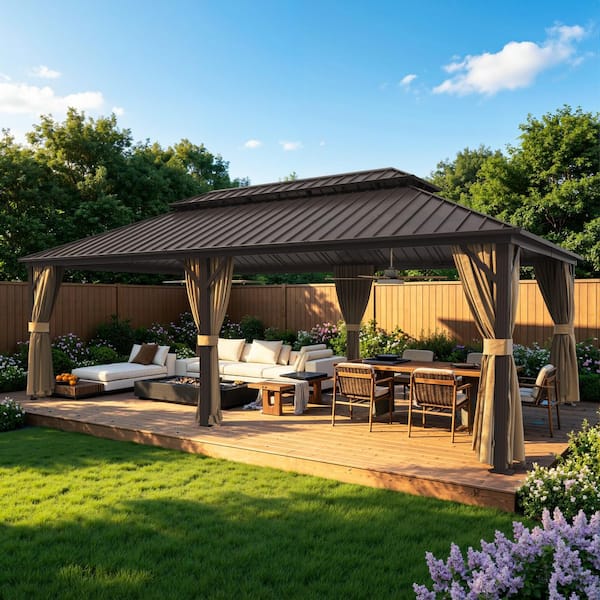 14 ft. x 24 ft. Outdoor Aluminum Hardtop Gazebo with Double Galvanized Steel Roof, Curtains and Mosquito Netting