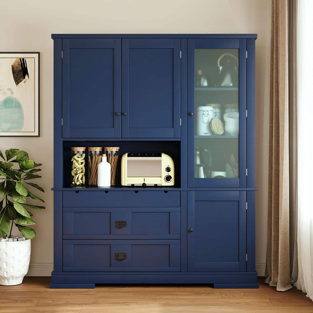 Blue Wood 63.3 in. x 78.3 in. Kitchen Pantry Cabinet with Hutch, Drawers, Door Shelf and Adjustable Shelves