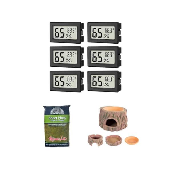 Digital Thermometer Hygrometer (6-Pack), Sheet Moss Soil Cover (325 sq. in.), and Reptile Hide Cave