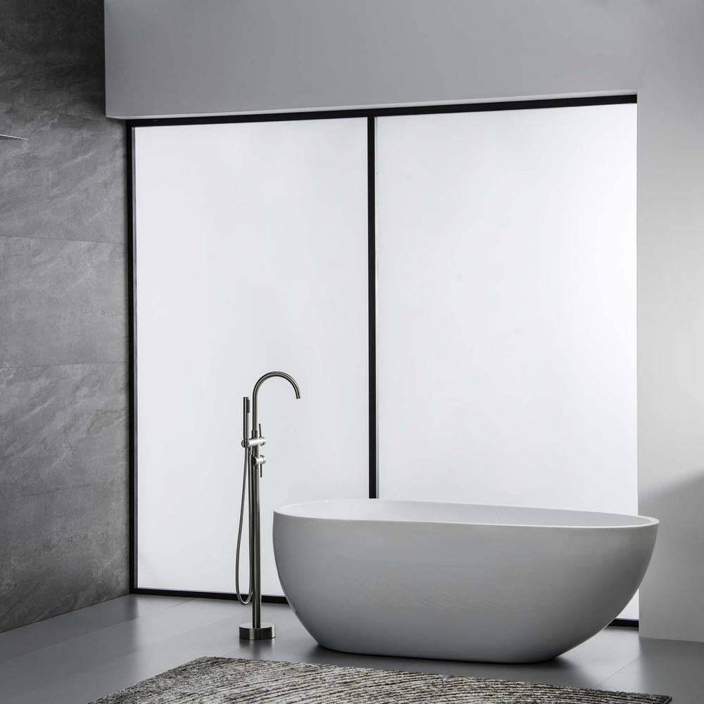 Brushed Nickel Double Handle Floor Mount Tub Faucet with Hand Shower