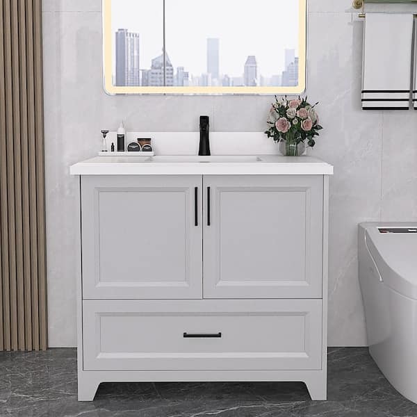 Staykiwi 37 in. W x 22 in. D x 35 in. H Single Sink Freestanding Bath Vanity in Gray with White Engineered Stone Composite Top