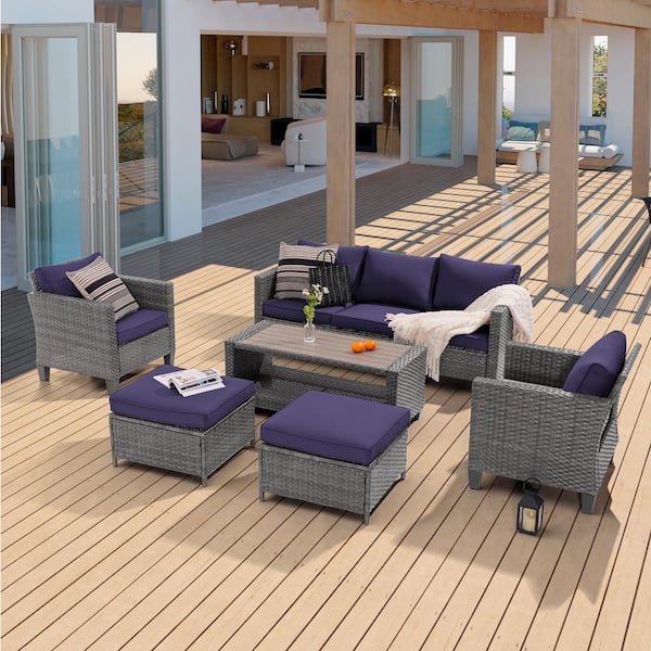 Sonkuki 6-Piece Patio Sofa Set Gray Wicker Outdoor Furniture Set with Coffee Table, Navy Blue