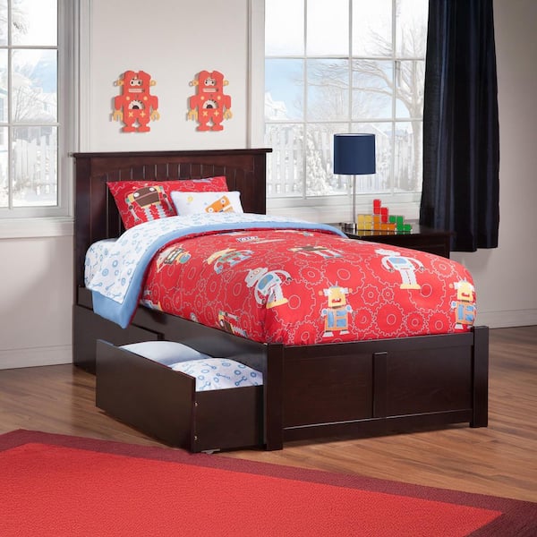 Nantucket Espresso Twin XL Solid Wood Storage Platform Bed with Flat Panel Foot Board and 2 Bed Drawers