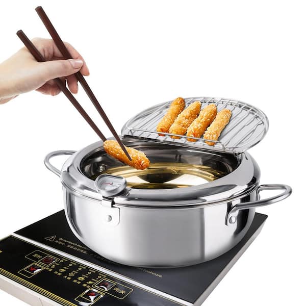 Angel Sar 9.4 in. 3.4 L 304 Stainless Steel Janpanese Style Tempura Frying Pot with Lid and Temperature Control