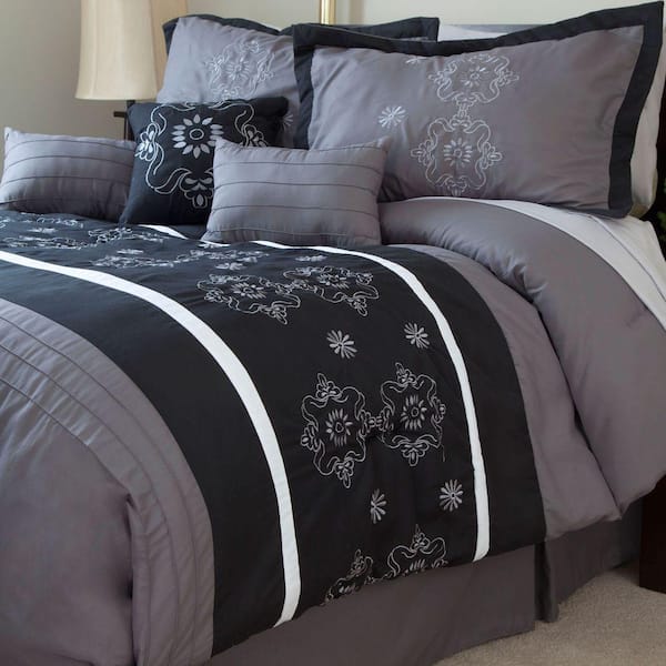 Lavish Home Julia Black Embroidered 7-Piece King Comforter Set