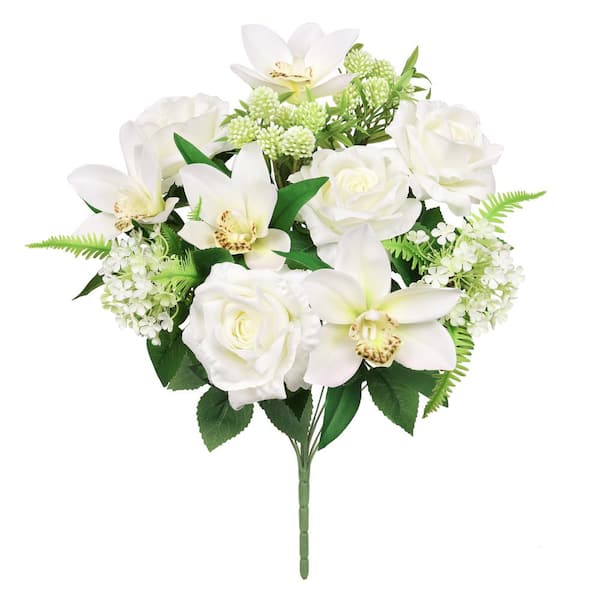 LIVING LUXURY 19 in. Cream White Artificial Mixed Rose Cymbidium Orchid Snowball Flower Stem Bush Bouquet (Set of 2)