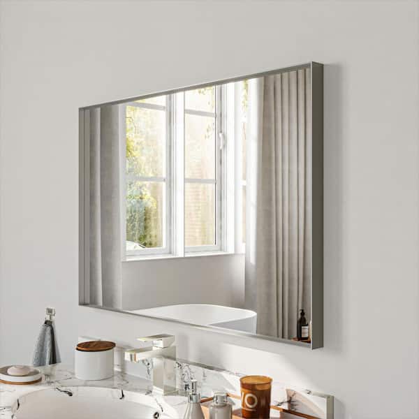 24 in. W x 36 in. H Silver Aluminum Rectangle Framed Tempered Glass Wall-mounted Bathroom Mirror