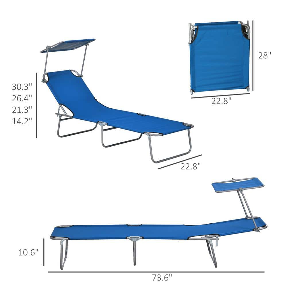 Blue Adjustable Folding Metal Outdoor Chaise Lounge with Sun Shade