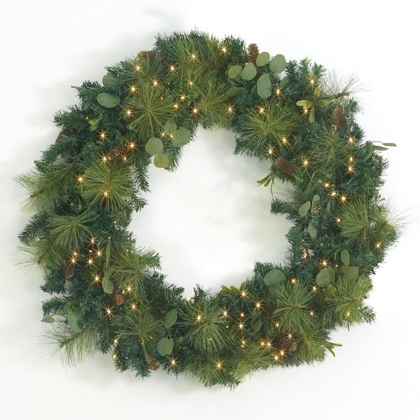 36 in. Green Pre-Lit LED Eucalyptus and Pine Artificial Christmas Wreath