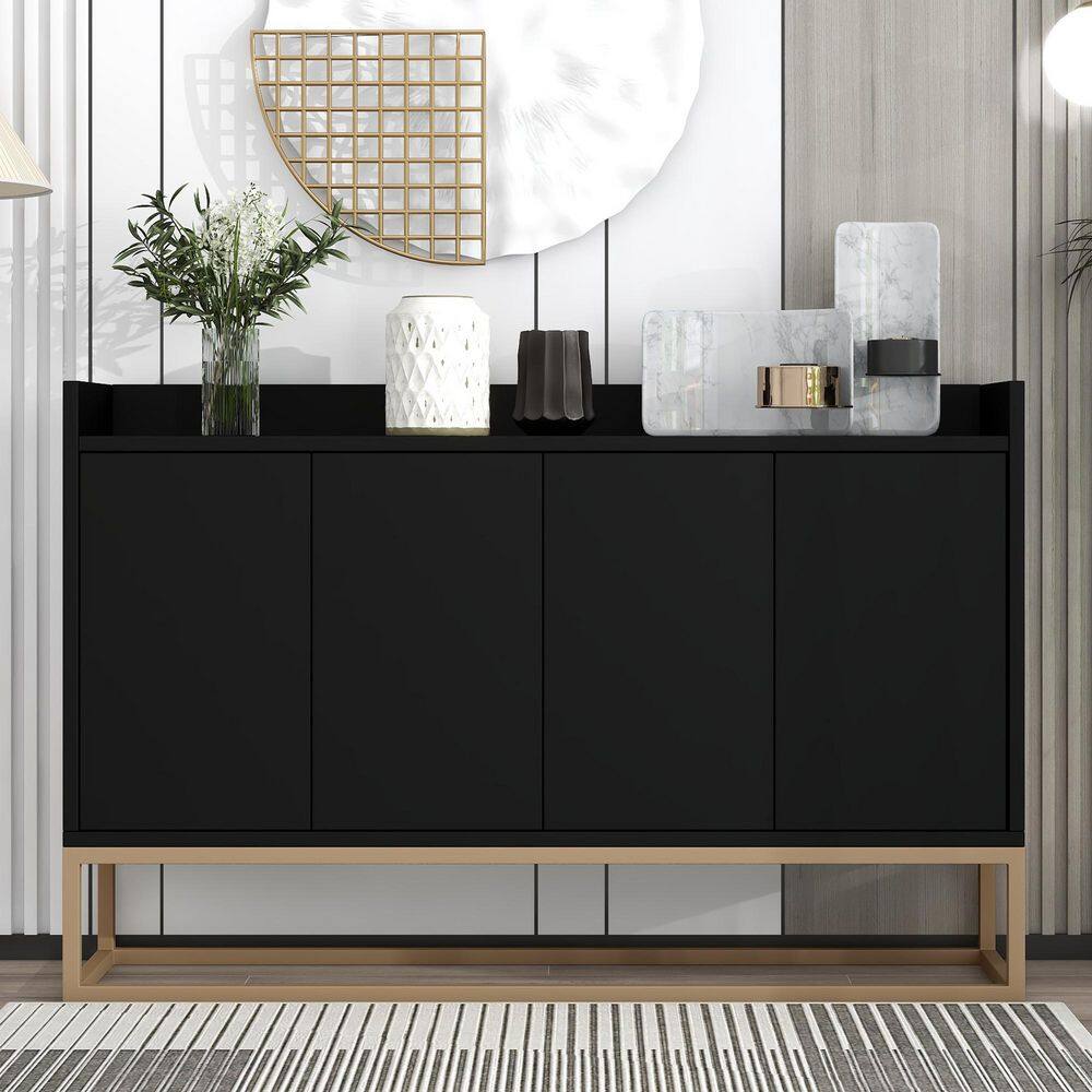 Black Wood 47.2 in. Wood Sideboard with 4 Doors