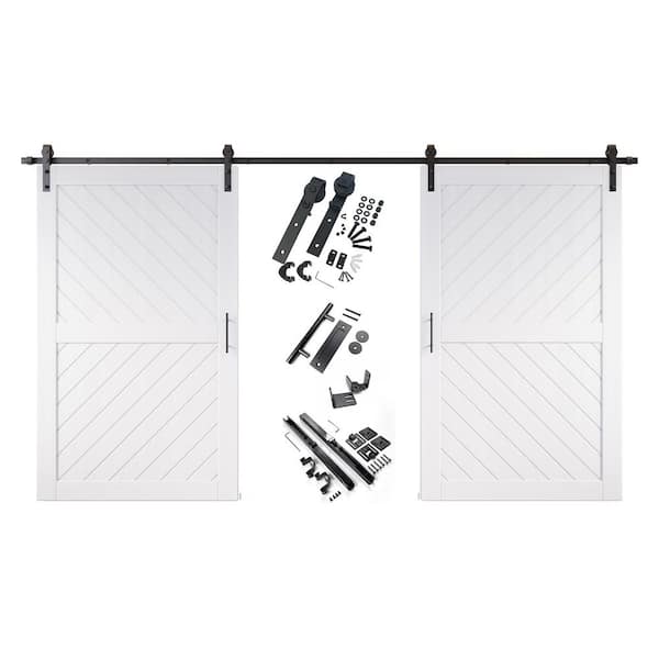 HOMACER XT4 50 in. x 80 in. C-Panel White Slanted Stripe Design Double Pine Wood Sliding Barn Door with Hardware Kit