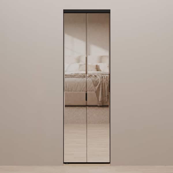 32 in. x 80 in. Beveled Edge Frameless Full Lite Mirror Solid Core MDF Interior Closet Bi-fold Door with Black Trim