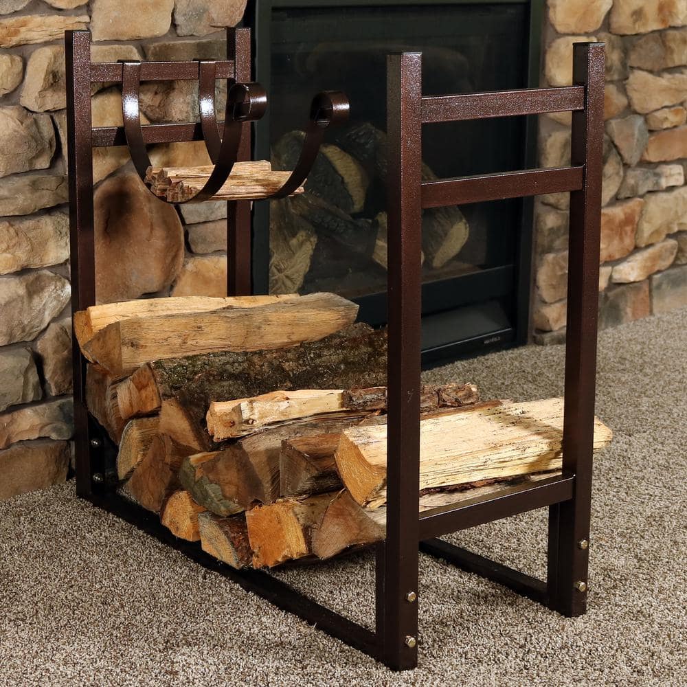 Bronze Steel Indoor/Outdoor Firewood Log Rack with Kindling Holder