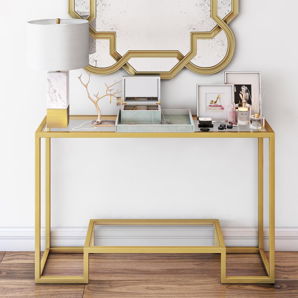 Athena Gold Metal & Glass Rectangular Console Table with Storage Shelf