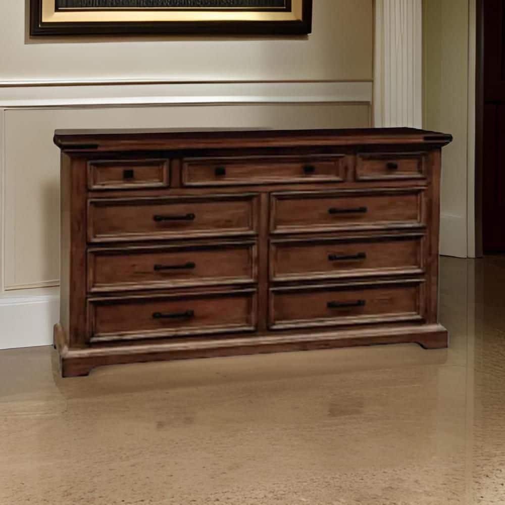 Benjara Niza Rustic Dark Brown 9 Drawer 64 in. Wide Dresser Without ...