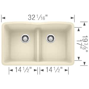 DIAMOND Undermount Granite Composite 32.06 in. 50/50 Double Bowl Kitchen Sink with Low Divide in Biscuit
