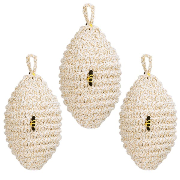 Outdoor Wasp Trap with Realistic Cocoon-Shaped Handwoven Decoy Cute Bees Bee Clasp Easy Hanging 3-Pack