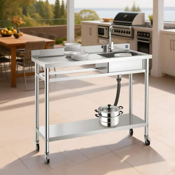 16.9 in. Commercial Sink Stainless Steel, Rolling Single Bowl 1 Compartment, Left Drainboard 47.2 x 19.7 x 41.5 in.