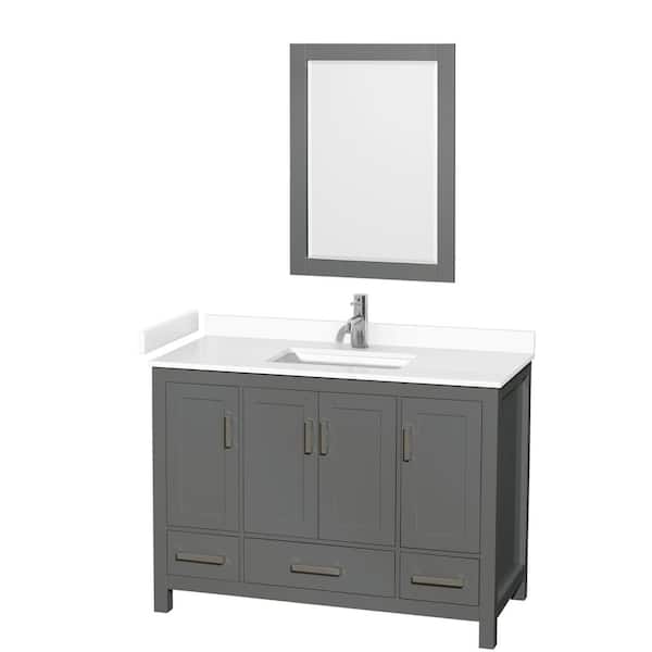 Wyndham Collection Sheffield 48 in. W x 22 in. D x 35 in. H Single Bath Vanity in Dark Gray with White Cultured Marble Top and 24" Mirror