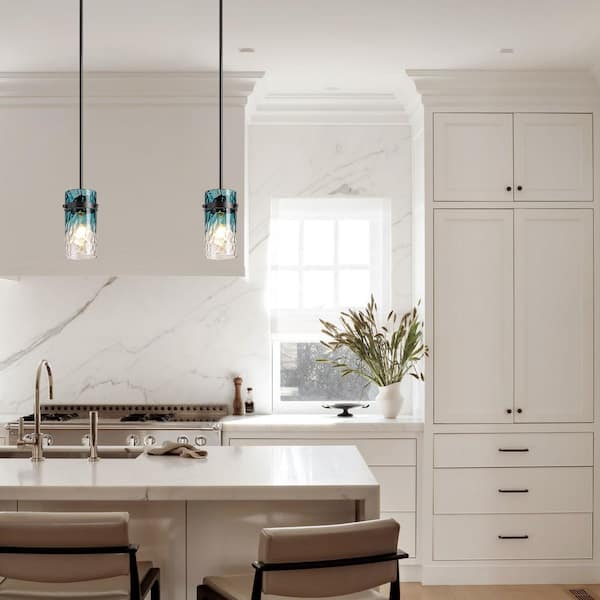 Ori 1-Light Modern Black Cylinder Water Rippled Blue/Clear Glass Pendant Light