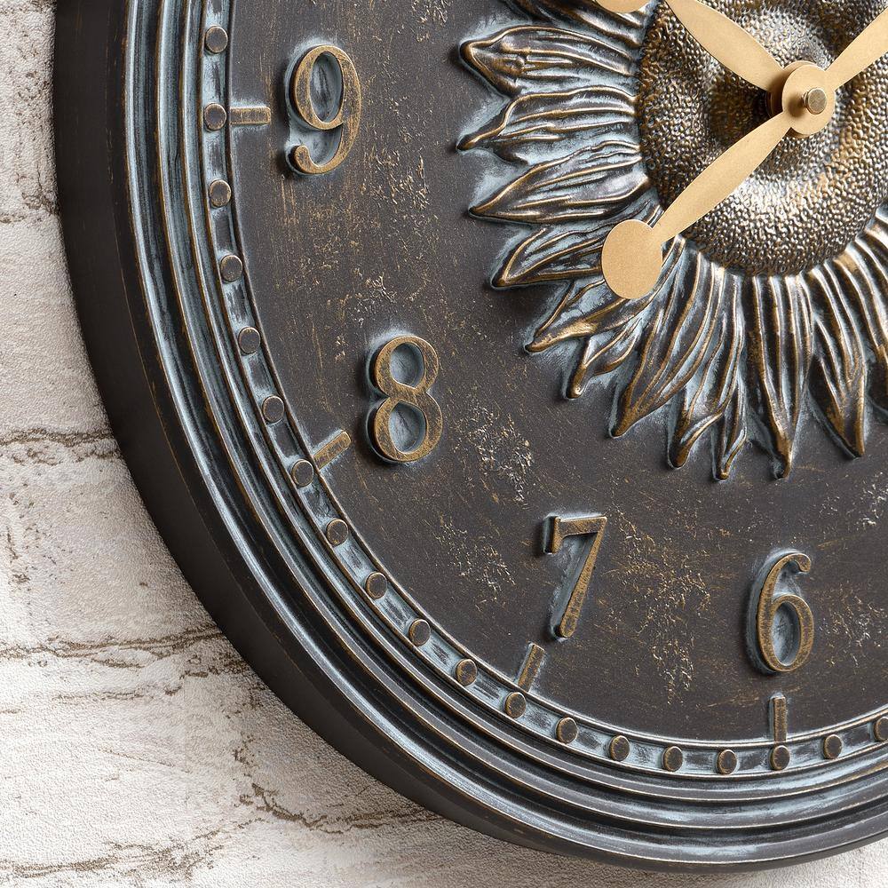 16" Bronze Verdigris Sunflower Outdoor Wall Clock and Thermometer Set